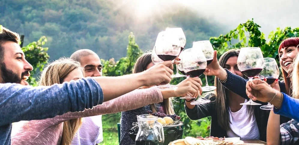 A group of people holding wine glasses